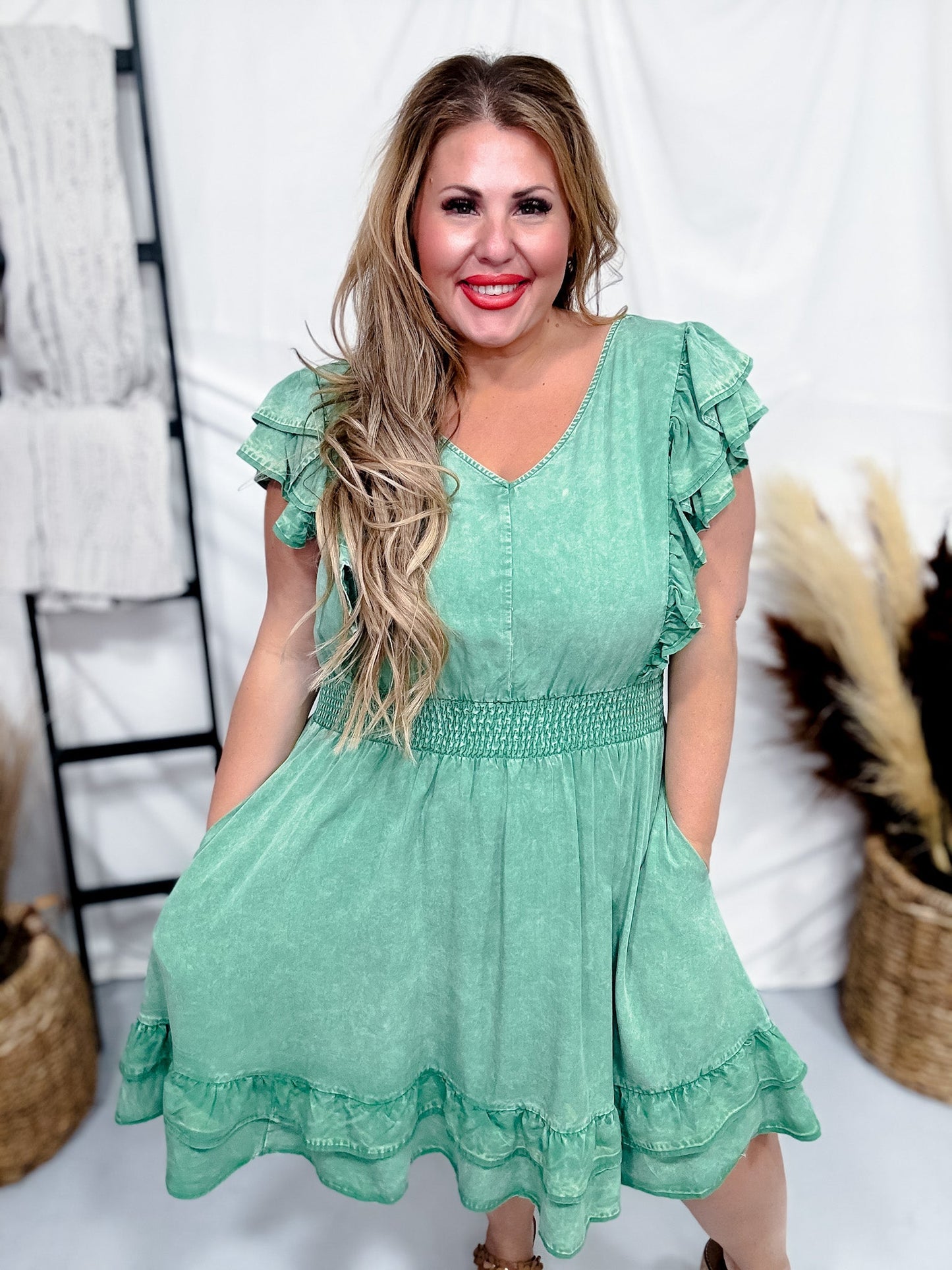 Jade Green Ruffled Dress with Smocked Waist - Whiskey Skies - HAYDEN