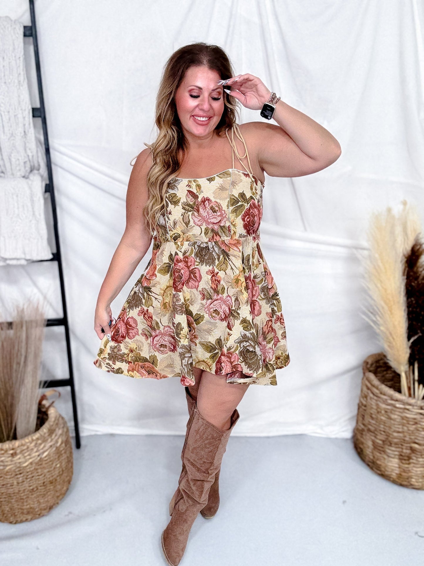 Jaquard Floral Print Tank Mini Dress - Whiskey Skies - SWEET GENERIS