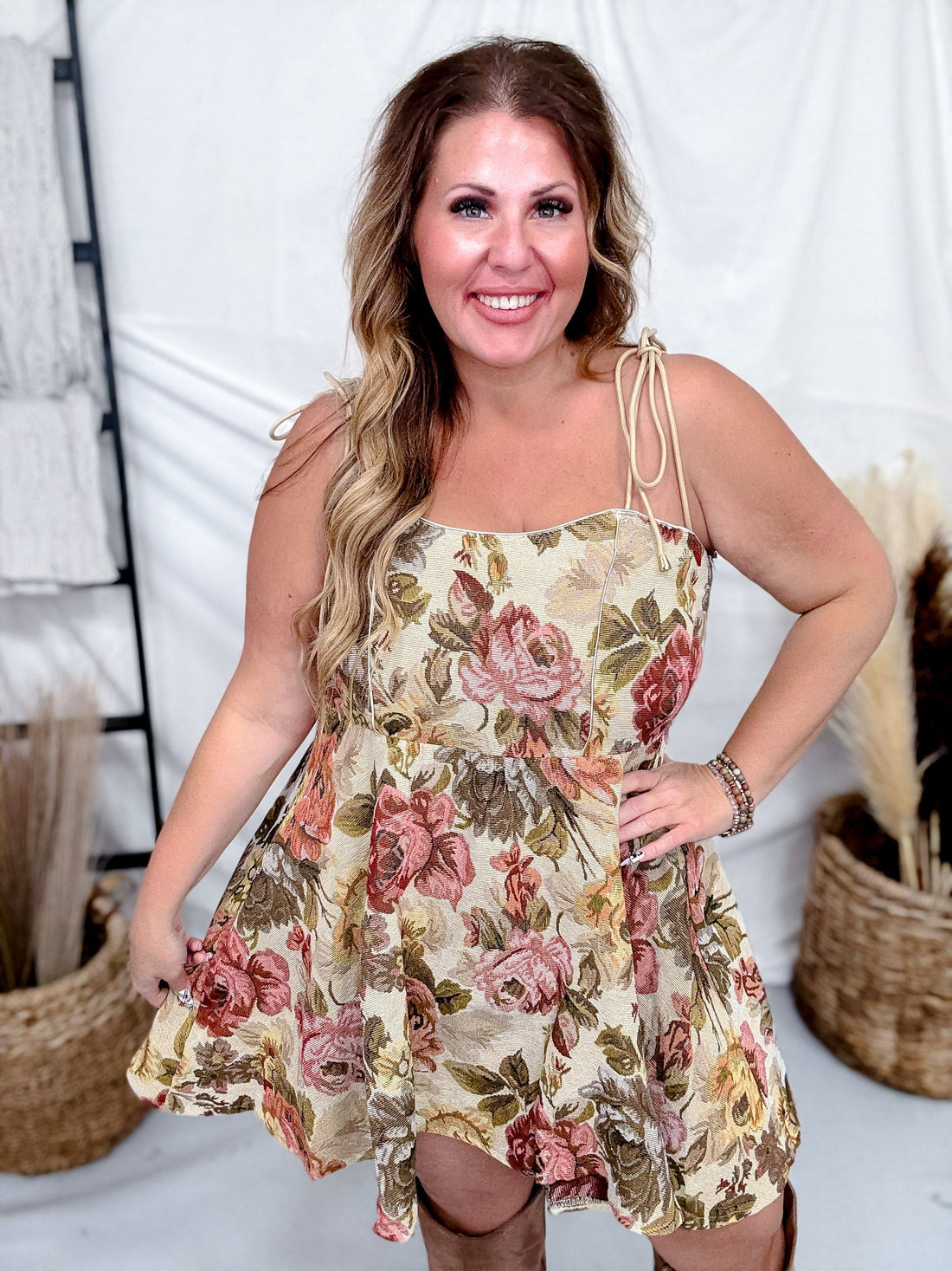 Jaquard Floral Print Tank Mini Dress - Whiskey Skies - SWEET GENERIS