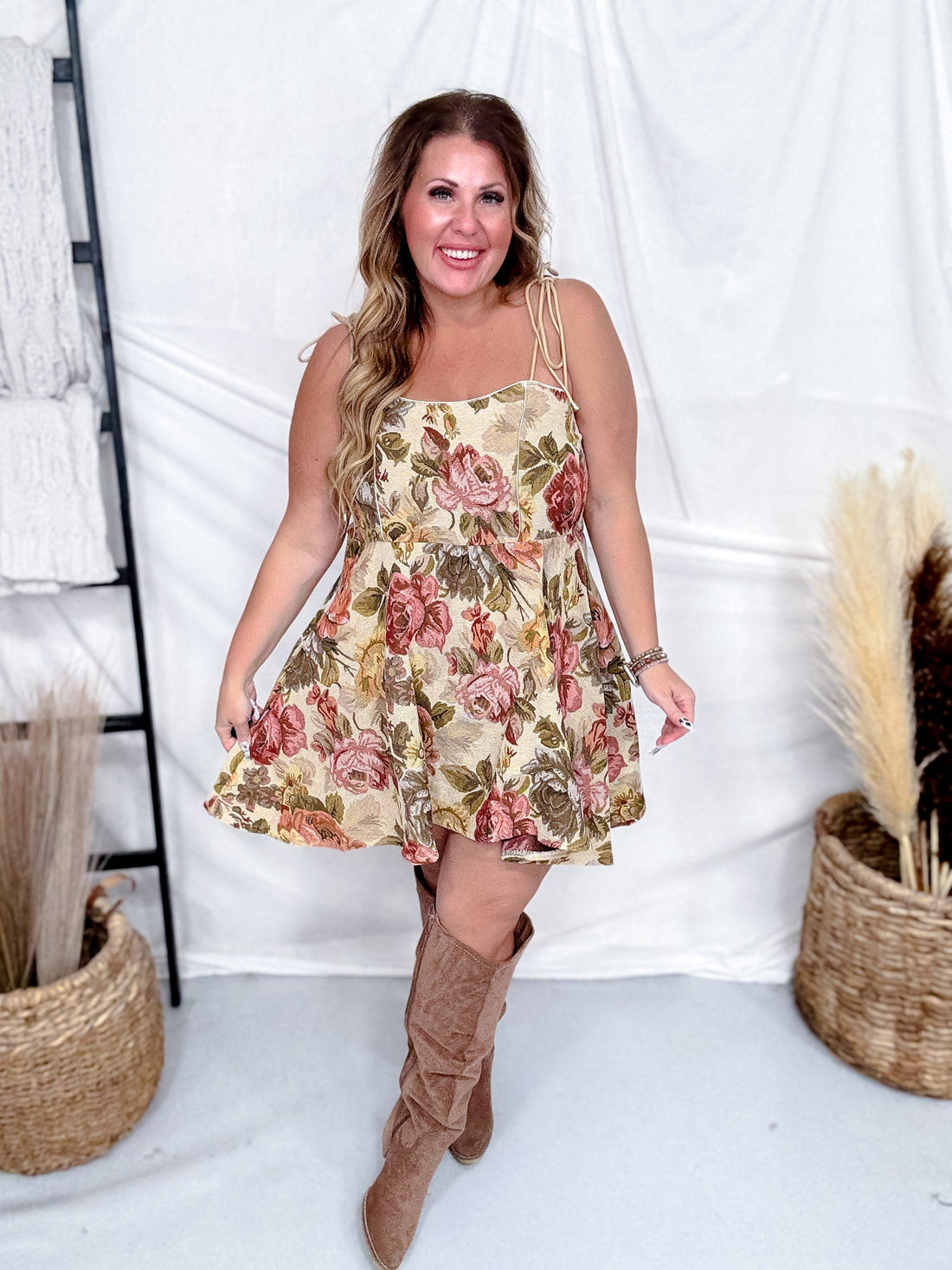 Jaquard Floral Print Tank Mini Dress - Whiskey Skies - SWEET GENERIS