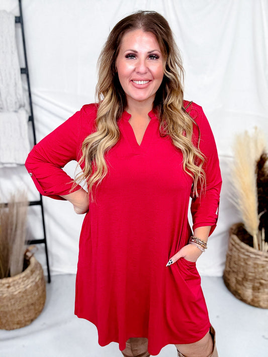 Jewel Red Long Sleeve A - Line Dress - Whiskey Skies - DEAR SCARLETT