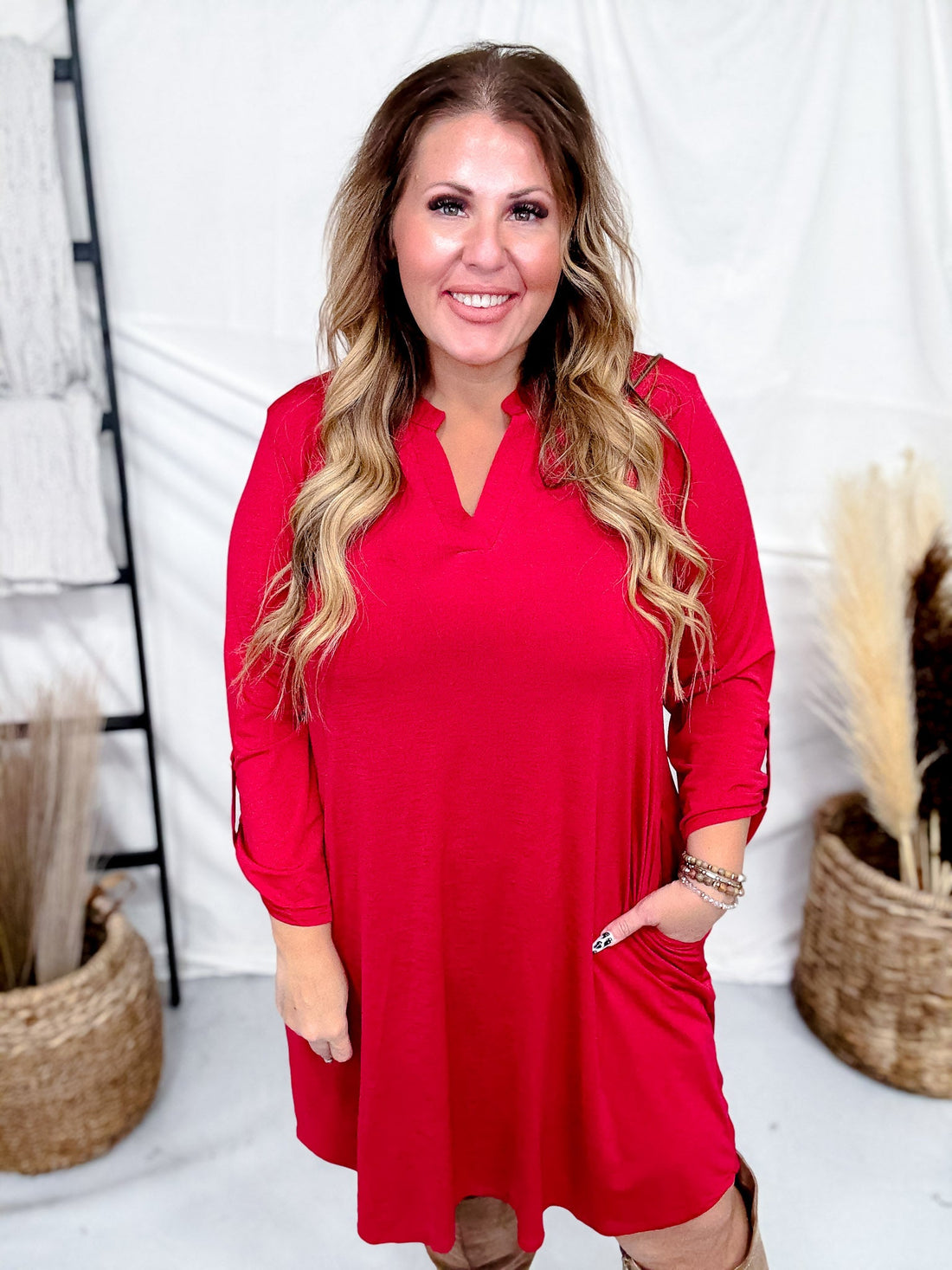 Jewel Red Long Sleeve A - Line Dress - Whiskey Skies - DEAR SCARLETT