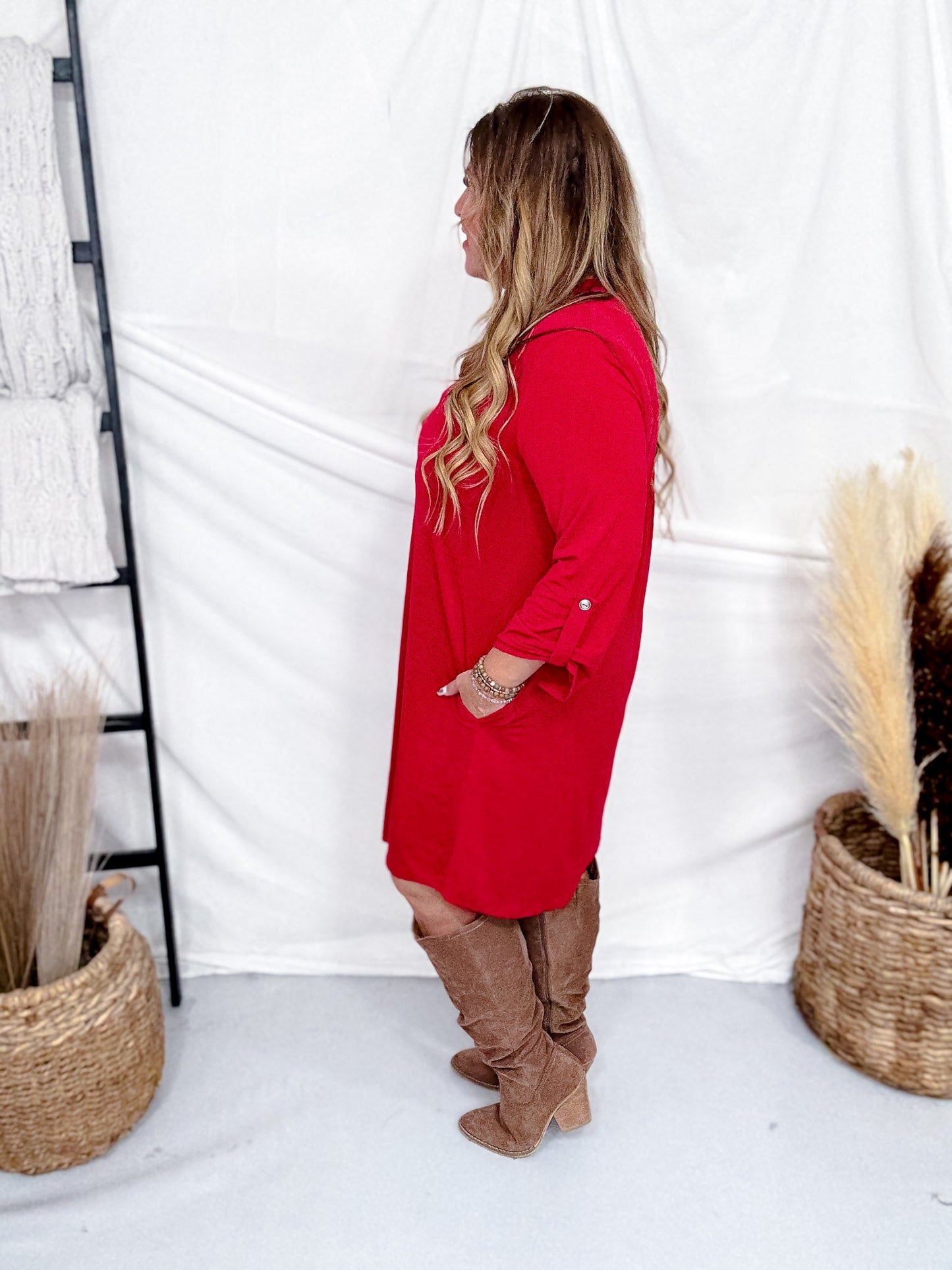 Jewel Red Long Sleeve A - Line Dress - Whiskey Skies - DEAR SCARLETT