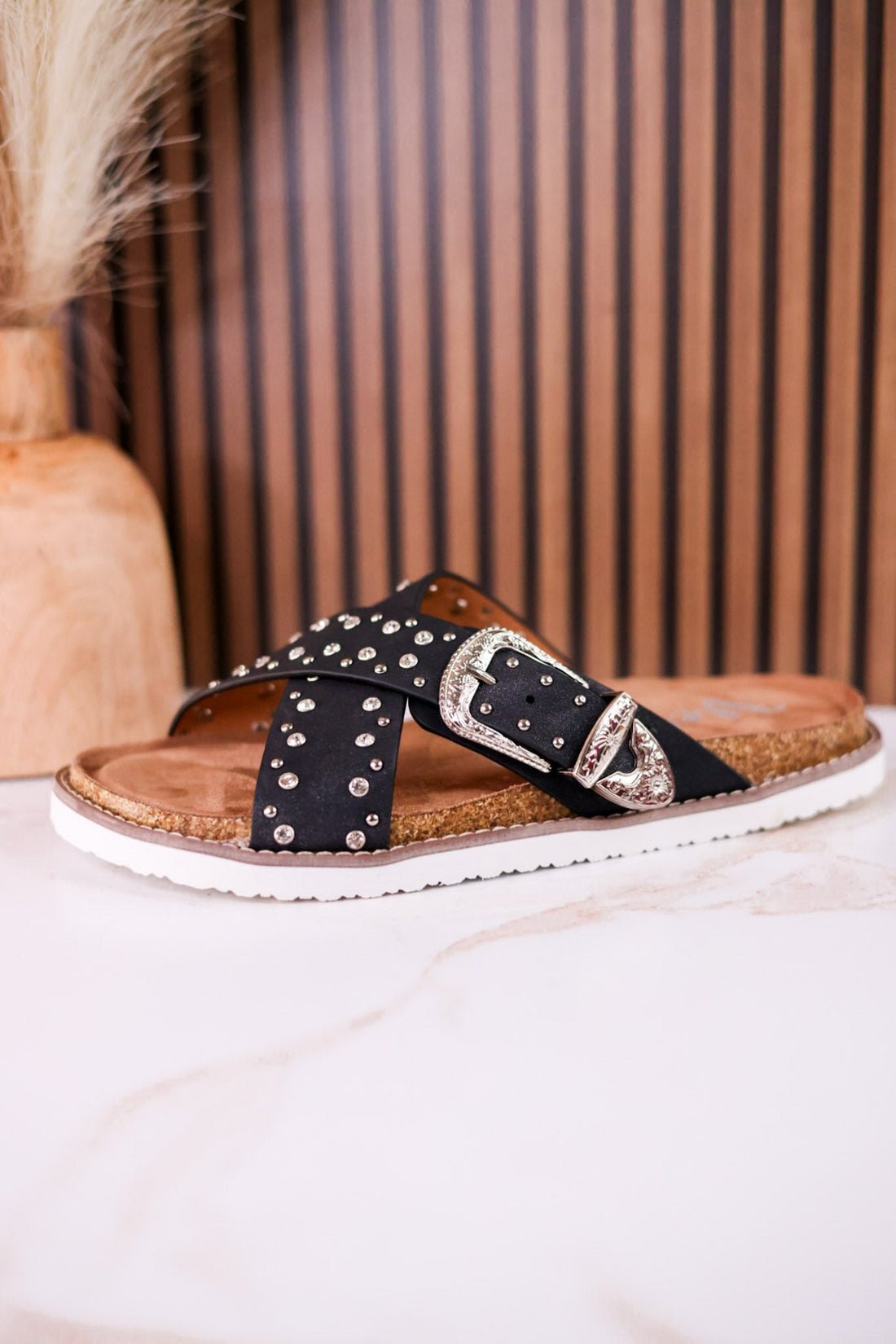 "Jocilyn" Black Studded Slip On Sandals With Antique Style Buckle - Whiskey Skies - VERY G