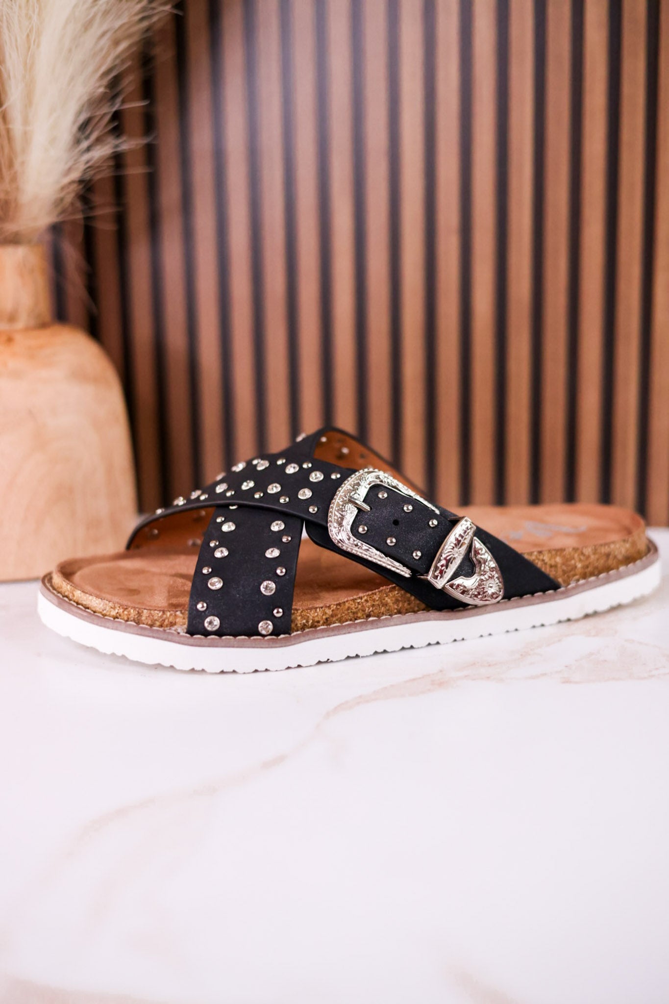 "Jocilyn" Black Studded Slip On Sandals With Antique Style Buckle - Whiskey Skies - VERY G