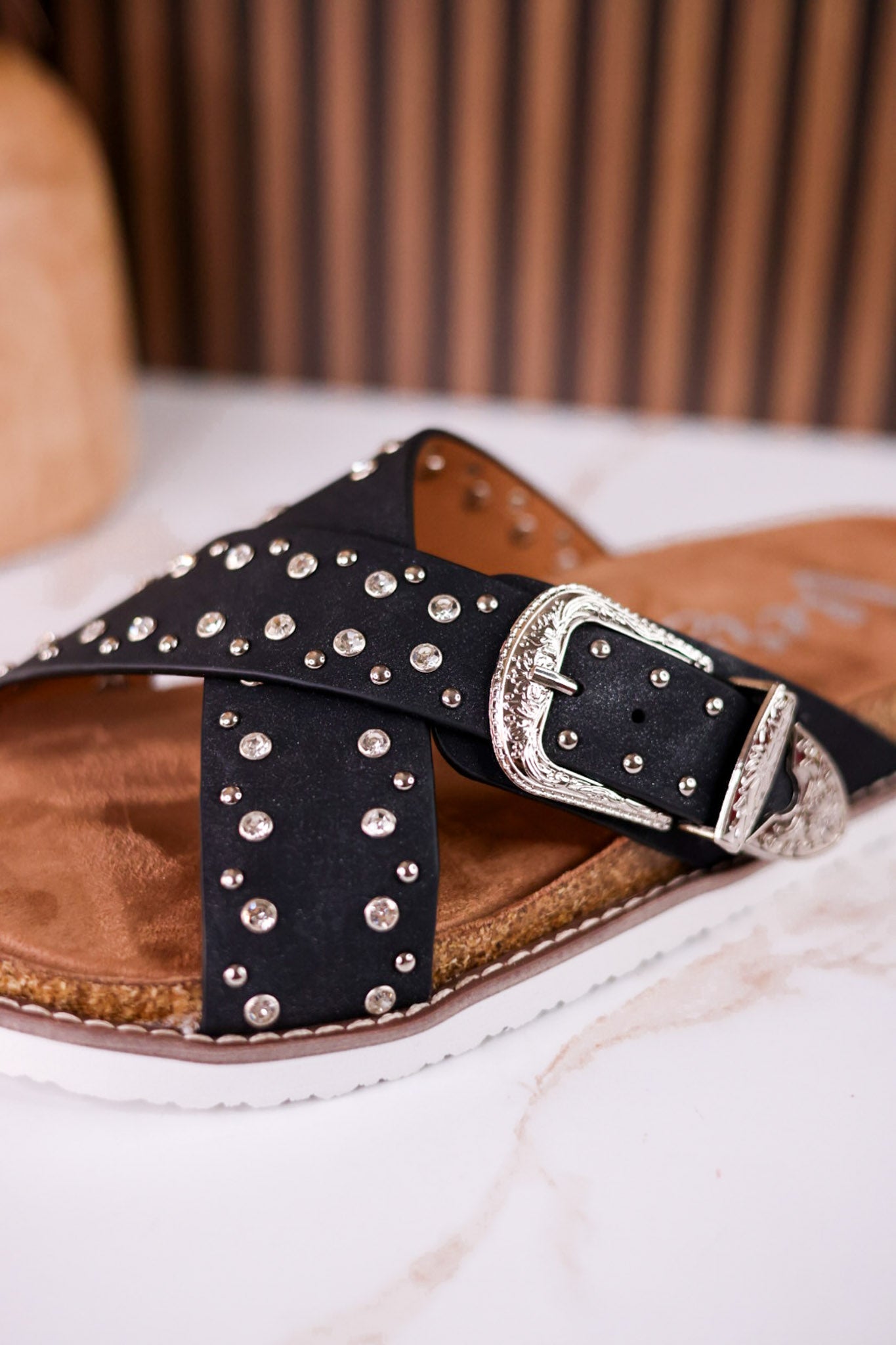 "Jocilyn" Black Studded Slip On Sandals With Antique Style Buckle - Whiskey Skies - VERY G