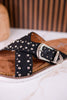 "Jocilyn" Black Studded Slip On Sandals With Antique Style Buckle - Whiskey Skies - VERY G
