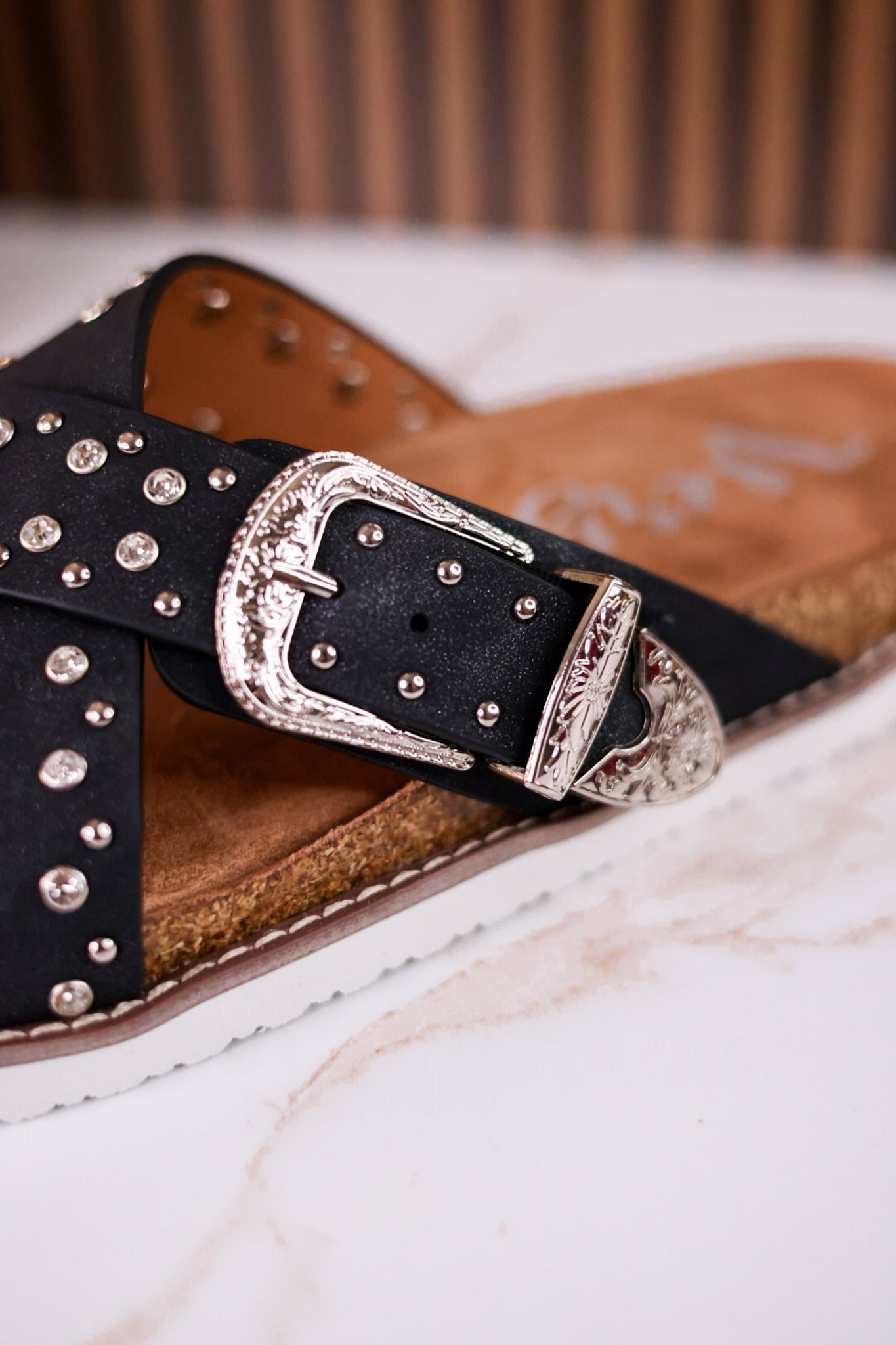 "Jocilyn" Black Studded Slip On Sandals With Antique Style Buckle - Whiskey Skies - VERY G