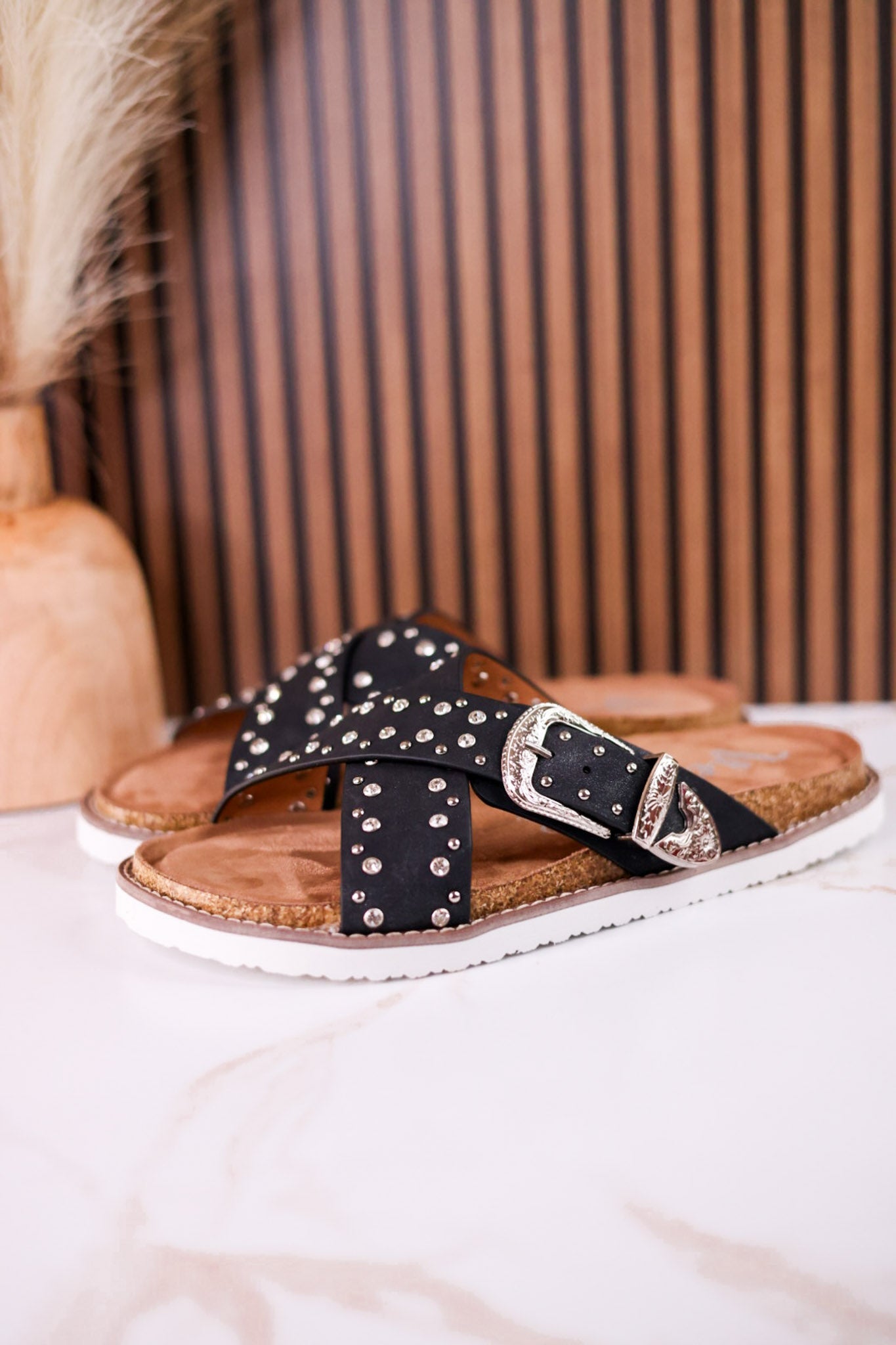 "Jocilyn" Black Studded Slip On Sandals With Antique Style Buckle - Whiskey Skies - VERY G