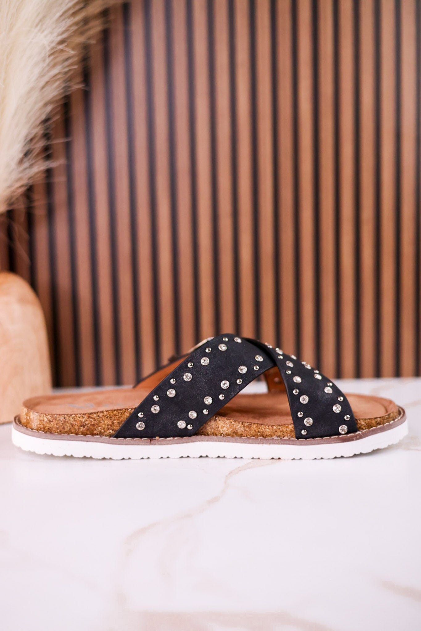 "Jocilyn" Black Studded Slip On Sandals With Antique Style Buckle - Whiskey Skies - VERY G