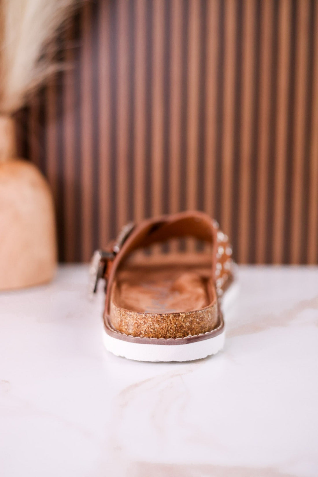 "Jocilyn" Tan Studded Slip On Sandals With Antique Style Buckle - Whiskey Skies - VERY G