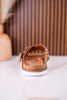 "Jocilyn" Tan Studded Slip On Sandals With Antique Style Buckle - Whiskey Skies - VERY G