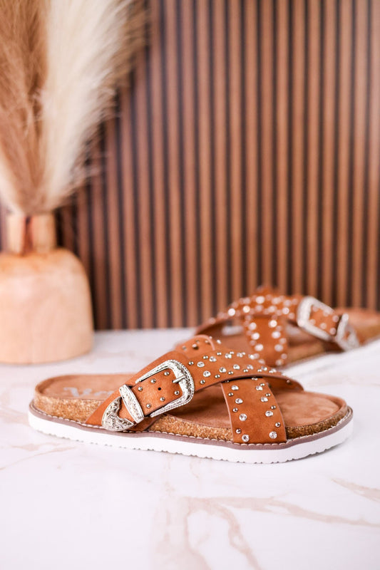 "Jocilyn" Tan Studded Slip On Sandals With Antique Style Buckle - Whiskey Skies - VERY G