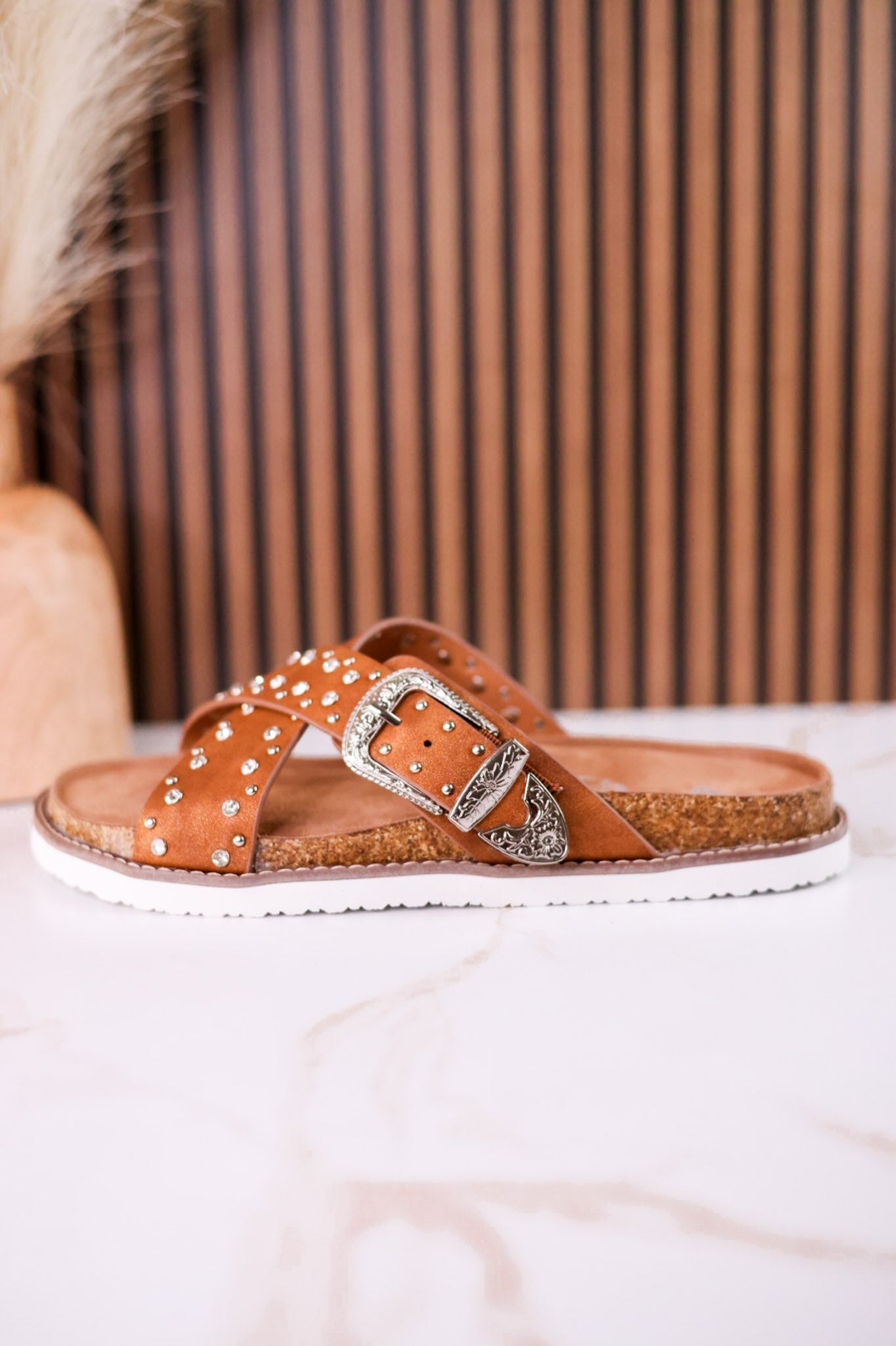 "Jocilyn" Tan Studded Slip On Sandals With Antique Style Buckle - Whiskey Skies - VERY G