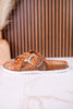 "Jocilyn" Tan Studded Slip On Sandals With Antique Style Buckle - Whiskey Skies - VERY G