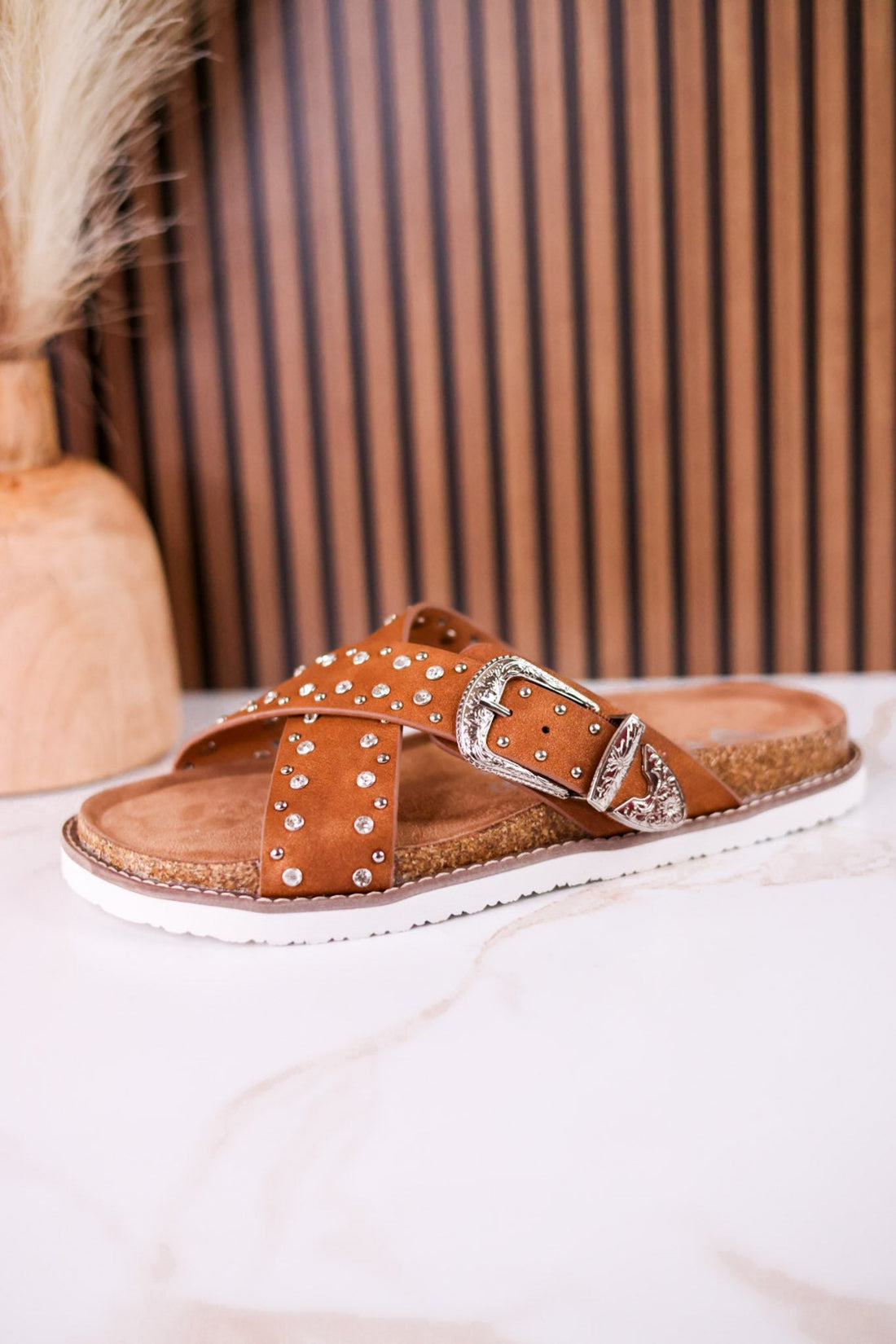 "Jocilyn" Tan Studded Slip On Sandals With Antique Style Buckle - Whiskey Skies - VERY G