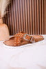 "Jocilyn" Tan Studded Slip On Sandals With Antique Style Buckle - Whiskey Skies - VERY G