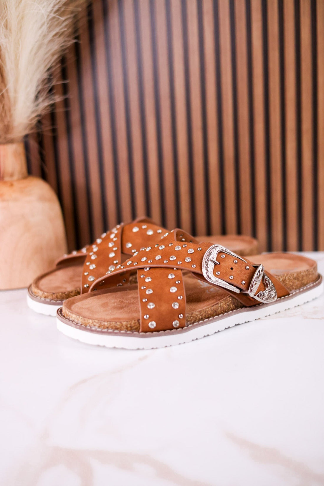 "Jocilyn" Tan Studded Slip On Sandals With Antique Style Buckle - Whiskey Skies - VERY G