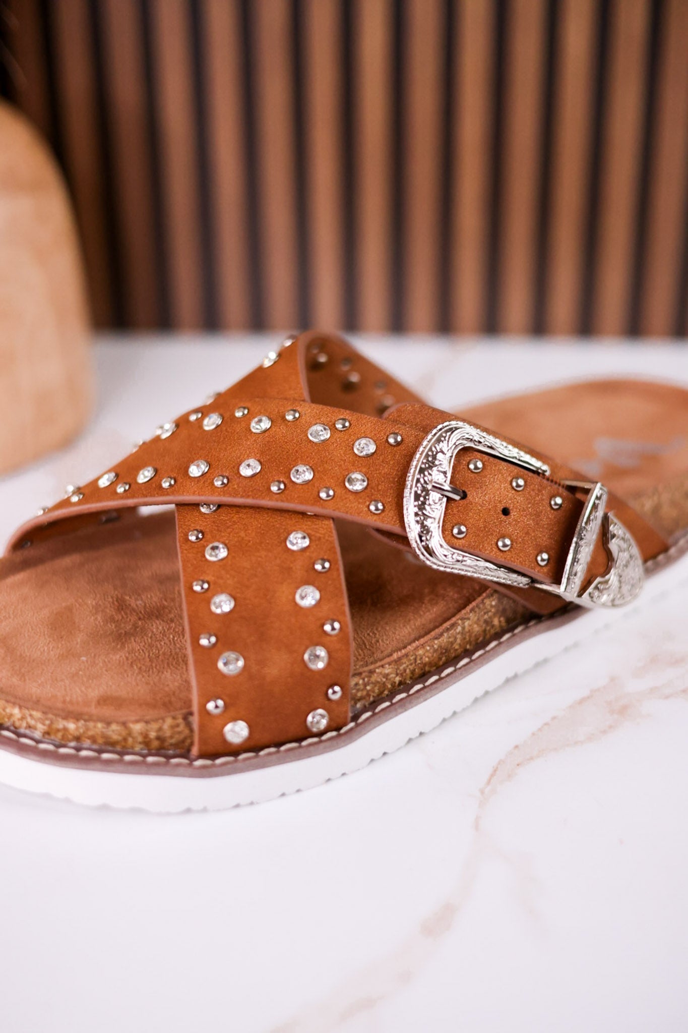 "Jocilyn" Tan Studded Slip On Sandals With Antique Style Buckle - Whiskey Skies - VERY G