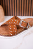 "Jocilyn" Tan Studded Slip On Sandals With Antique Style Buckle - Whiskey Skies - VERY G