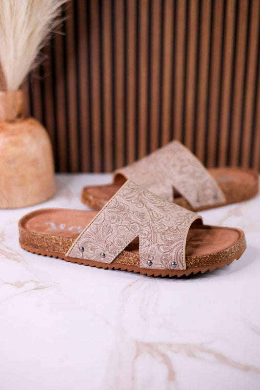 "Jordyn" Taupe Floral Tooled Slip On Sandals - Whiskey Skies - VERY G