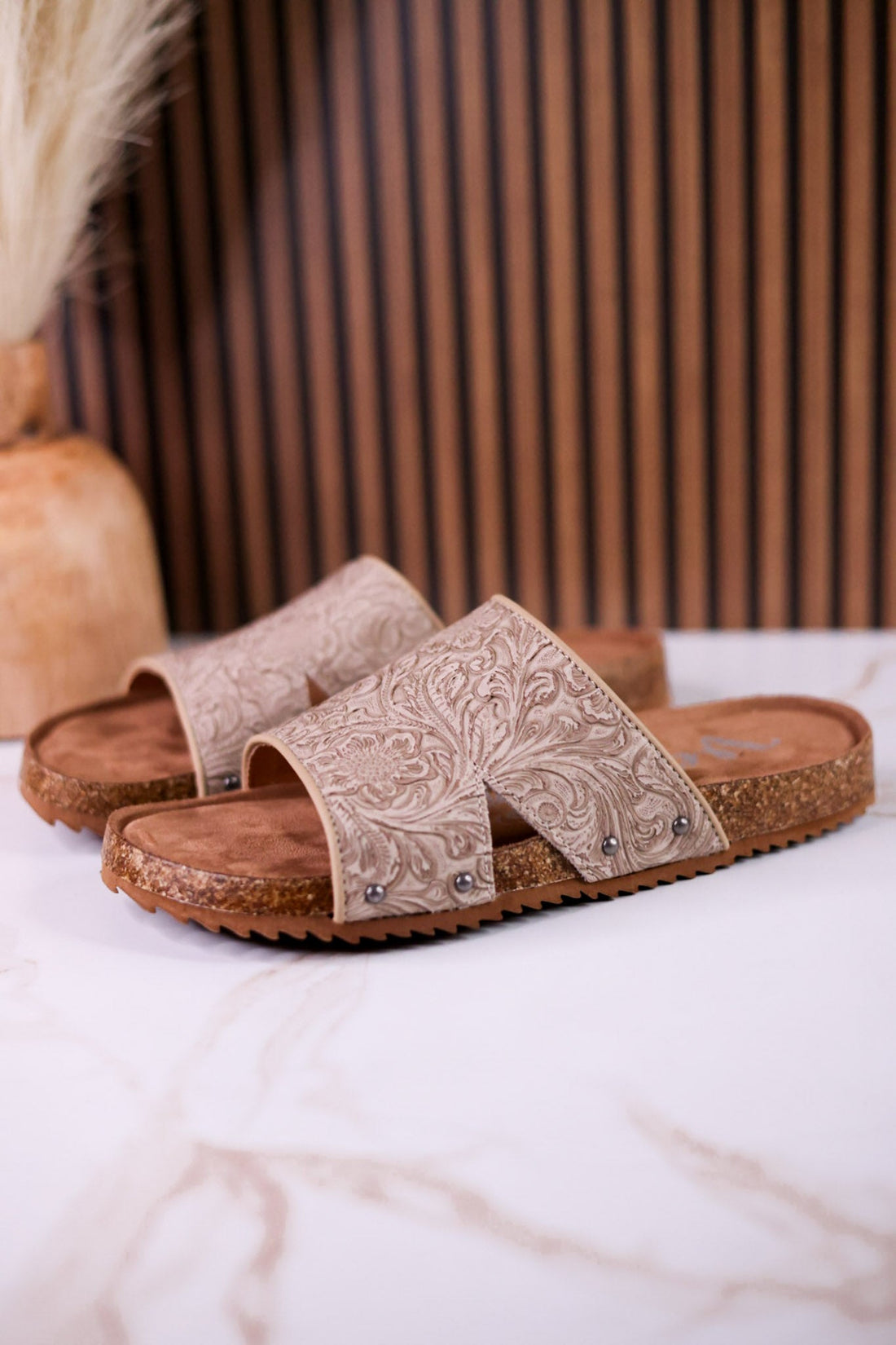 "Jordyn" Taupe Floral Tooled Slip On Sandals - Whiskey Skies - VERY G