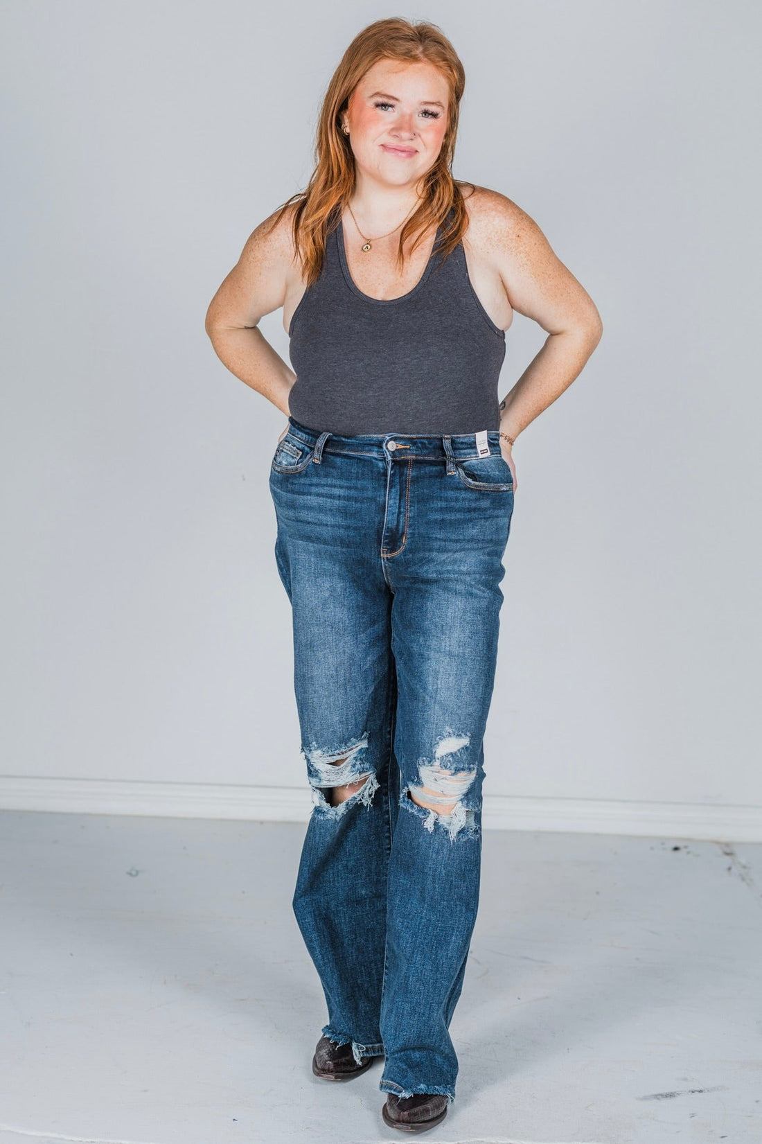 Judy Blue 90's Destroyed Knee Straight Jeans - Whiskey Skies - JUDY BLUE