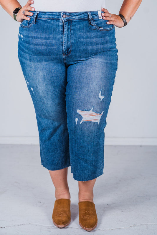 Judy Blue Back Pocket Embroidered Cropped Wide Leg Jeans - Whiskey Skies - JUDY BLUE