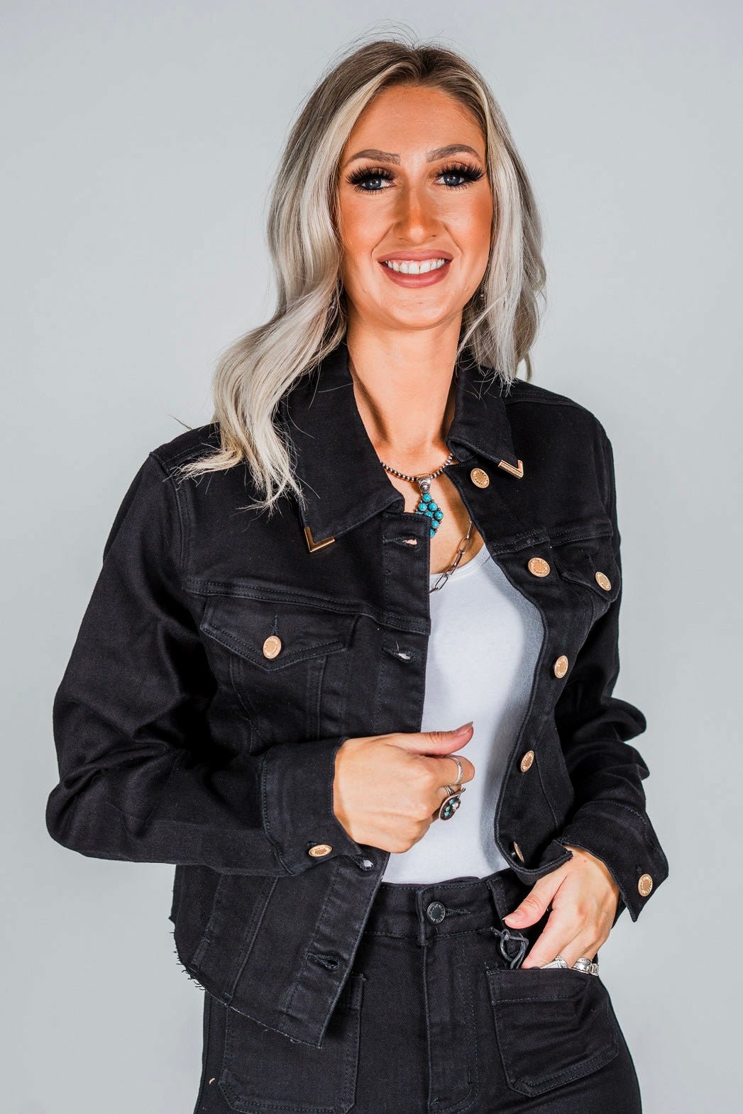 Judy Blue Black Denim Jacket W/ Gold Trim FINAL SALE - Whiskey Skies - JUDY BLUE