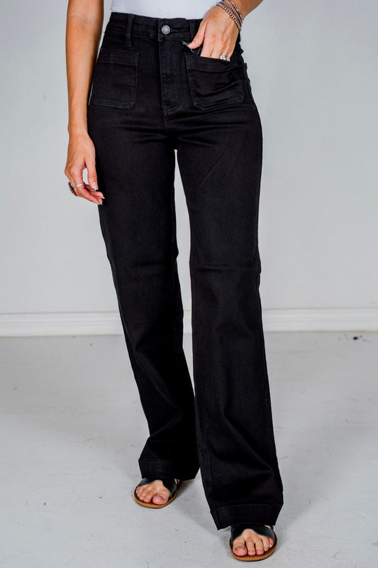 Judy Blue Black High Waist Patch Pocket Straight Jeans - Whiskey Skies - JUDY BLUE