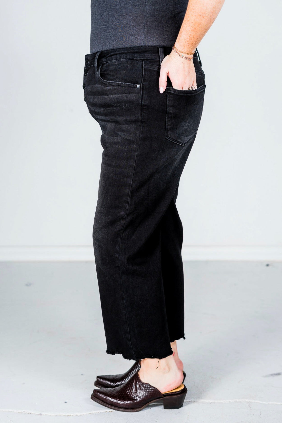 Judy Blue Black High Waist Raw Hem Wide Leg Crops - Whiskey Skies - JUDY BLUE