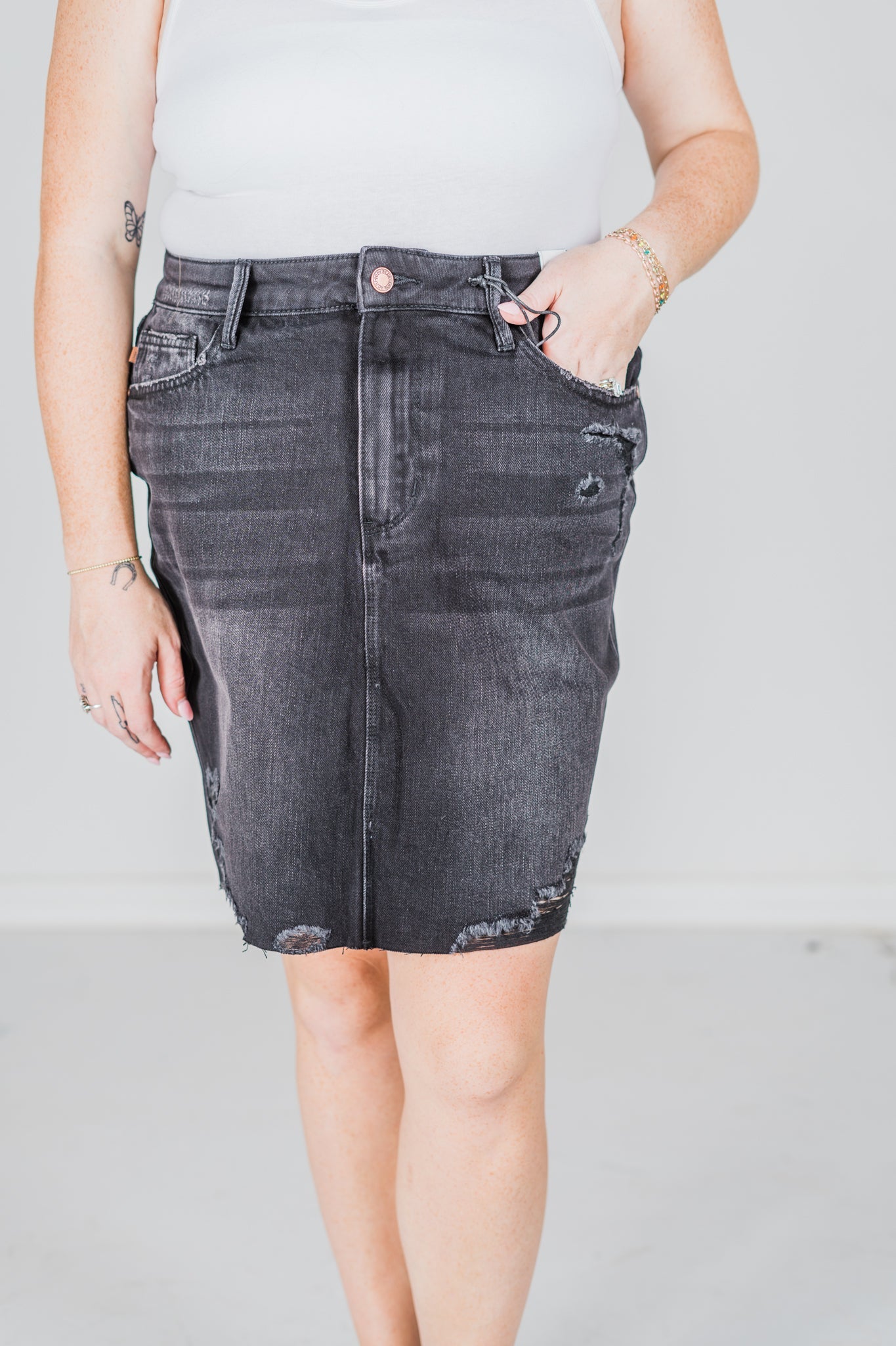 Judy Blue Black Rigid Magic Destroy Denim Skirt - Whiskey Skies - JUDY BLUE