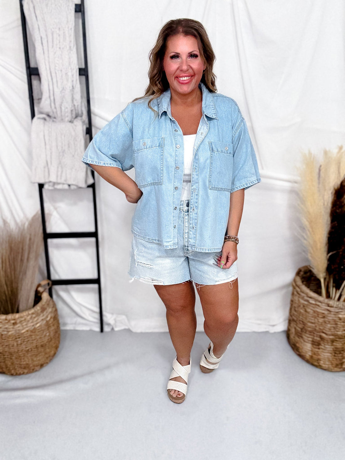 Judy Blue Boxy Featherweight Work Denim Shirt - Whiskey Skies - JUDY BLUE