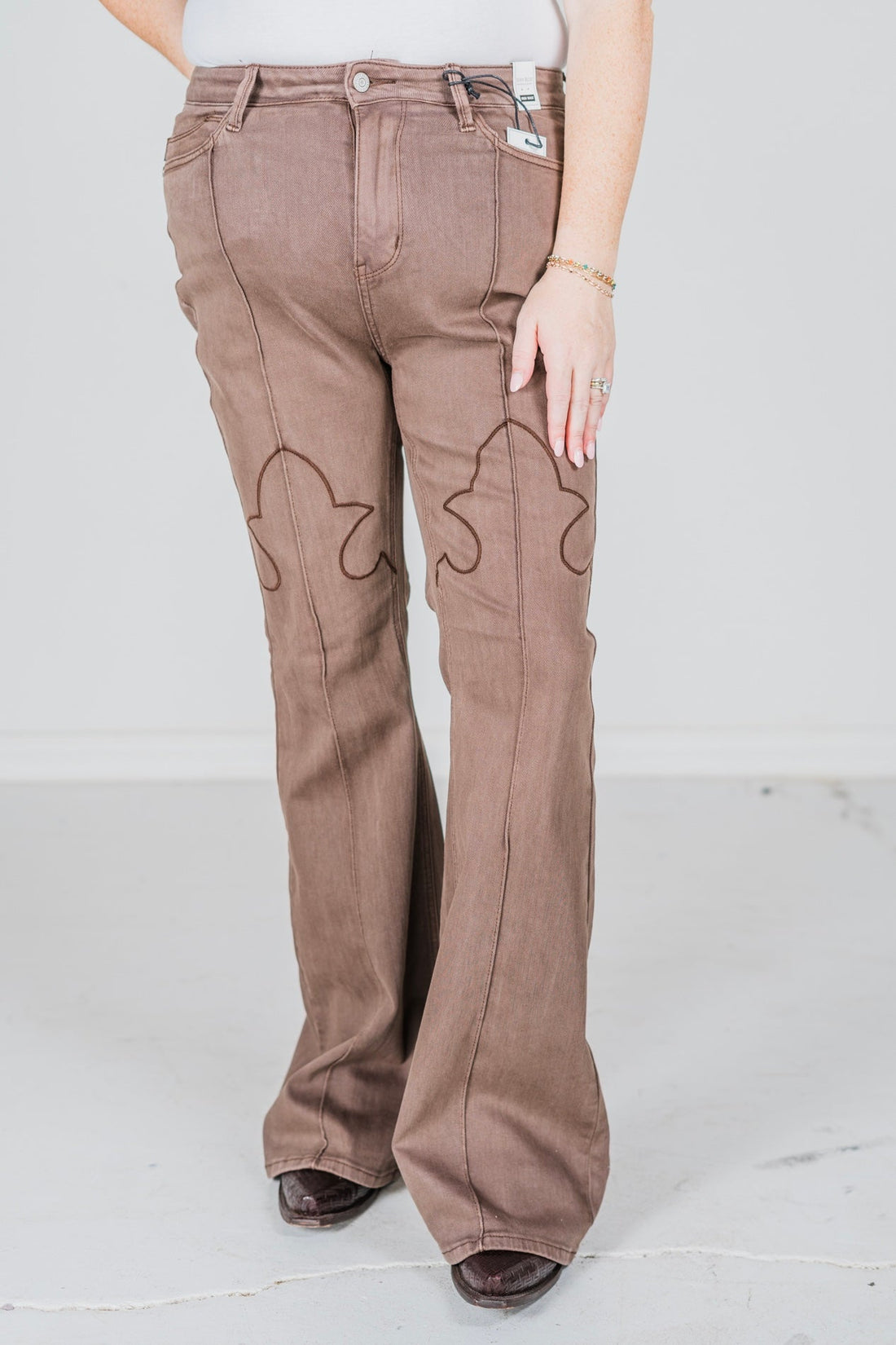 Judy Blue Brown Garment Dyed Flare Jeans With Knee Seam Details - Whiskey Skies - JUDY BLUE