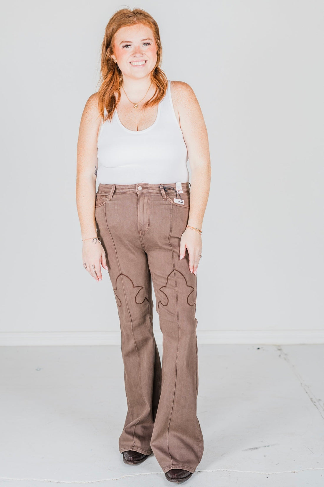 Judy Blue Brown Garment Dyed Flare Jeans With Knee Seam Details - Whiskey Skies - JUDY BLUE