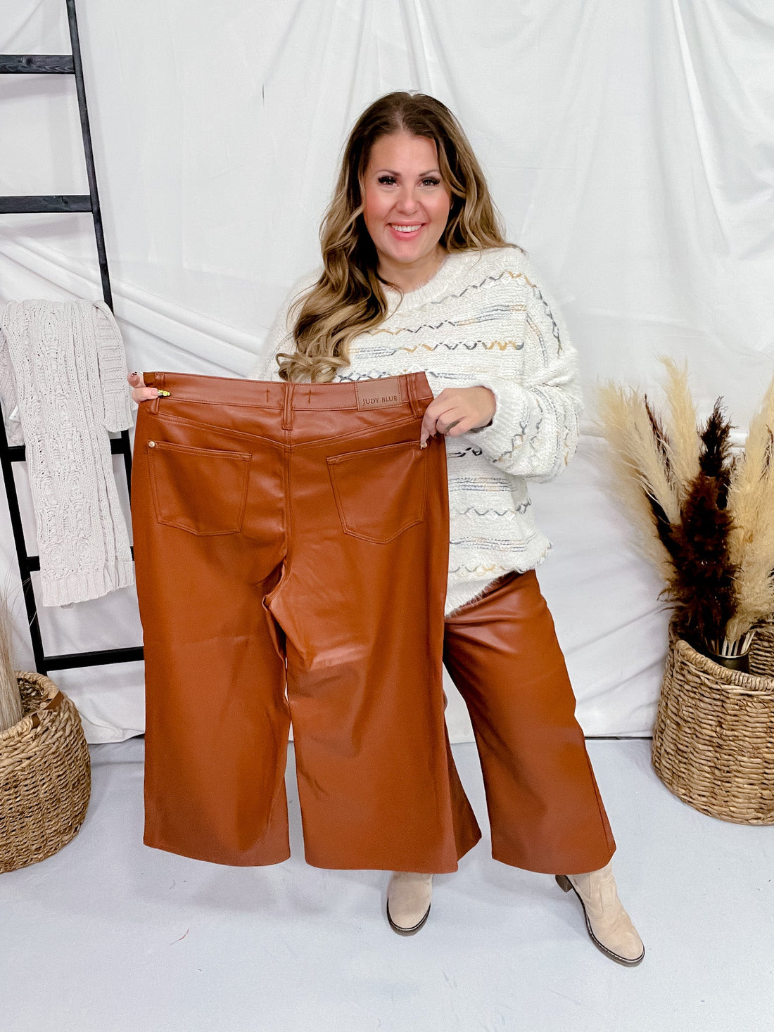 Judy Blue Camel High Waist Tummy Control Faux Leather Wide Crops - Whiskey Skies - JUDY BLUE