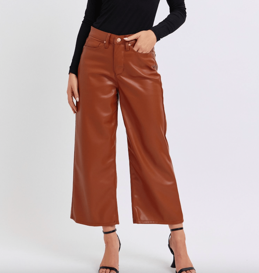 Judy Blue Camel High Waist Tummy Control Faux Leather Wide Crops - Whiskey Skies - JUDY BLUE