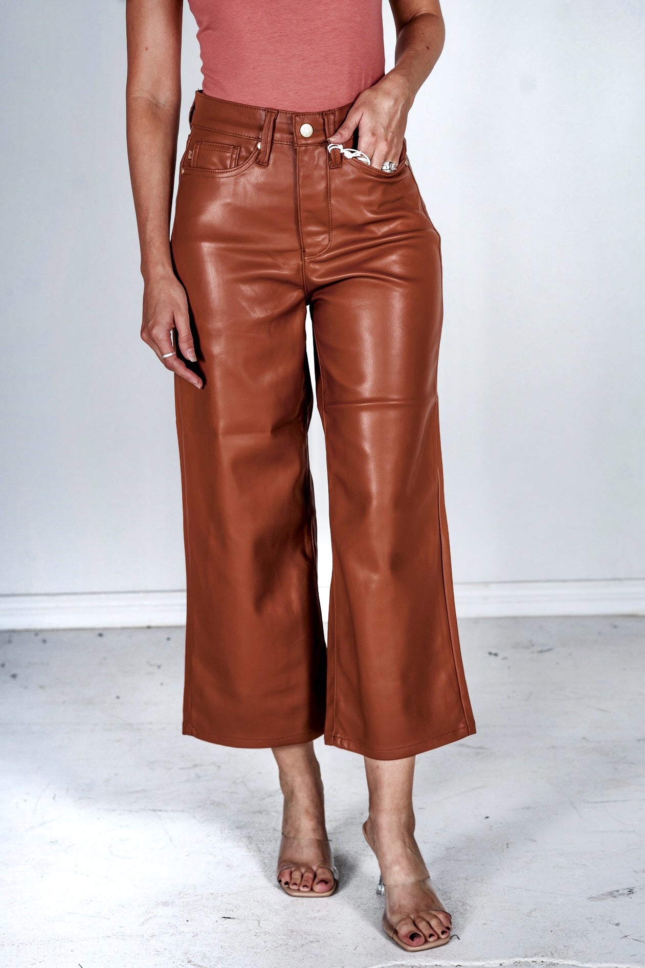 Judy Blue Camel High Waist Tummy Control Faux Leather Wide Crops - Whiskey Skies - JUDY BLUE