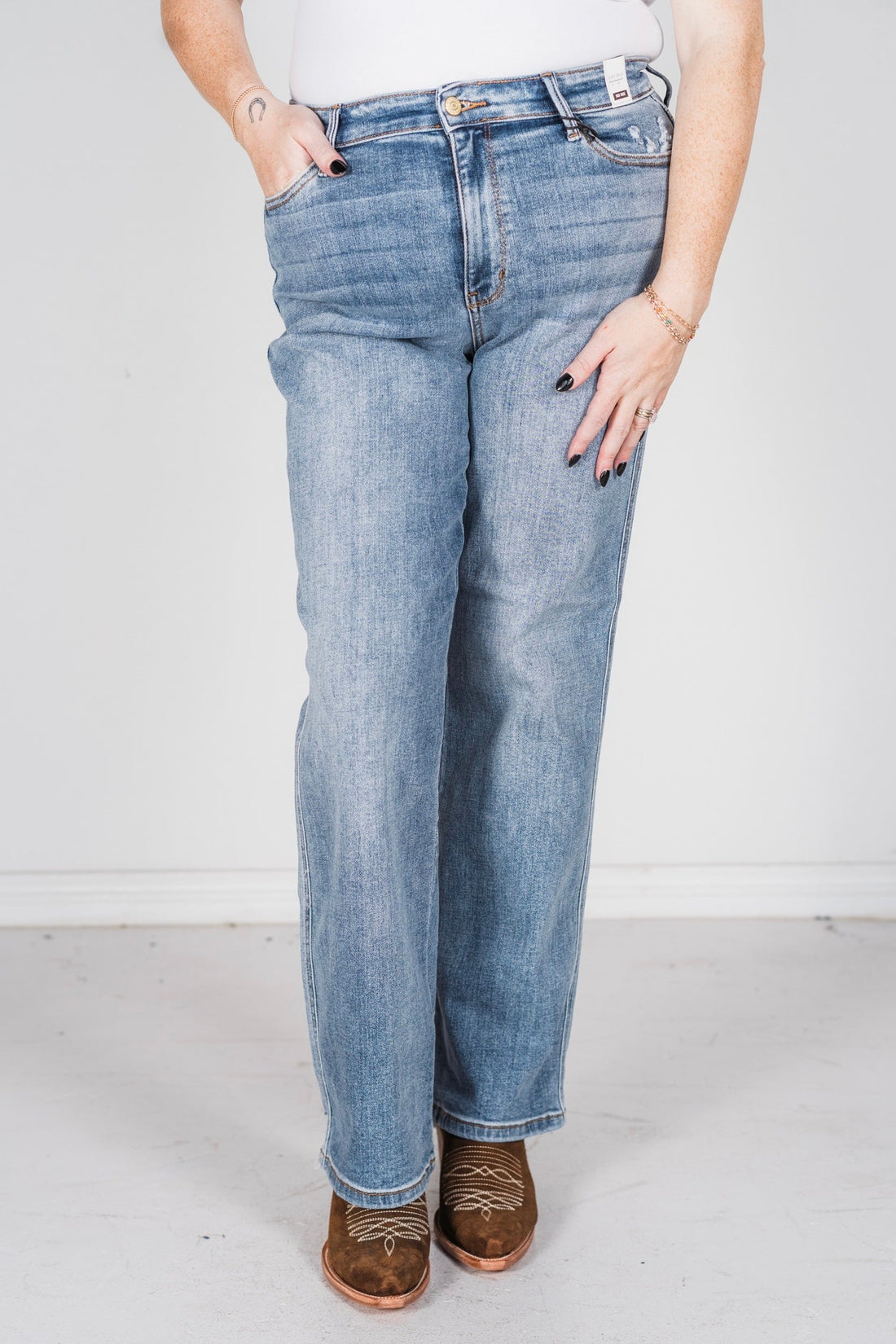 Judy Blue Cell Phone Pocket Dad Jeans - Whiskey Skies - JUDY BLUE