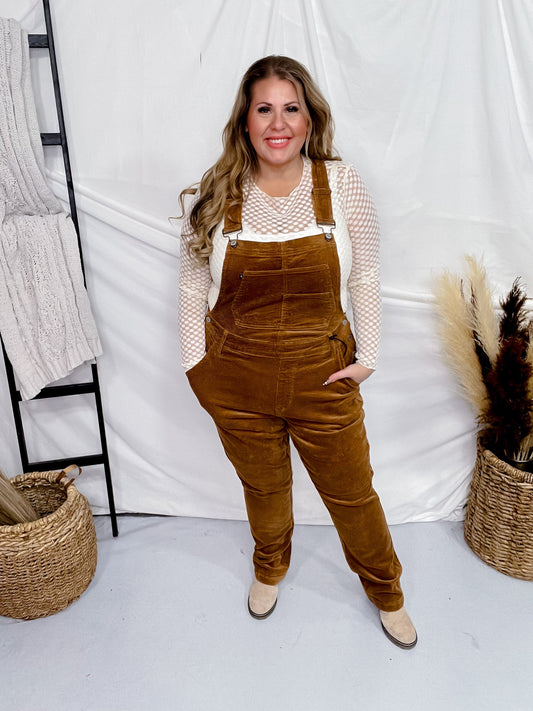 Judy Blue Corduroy Straight Leg Overalls in Camel Brown - Whiskey Skies - JUDY BLUE