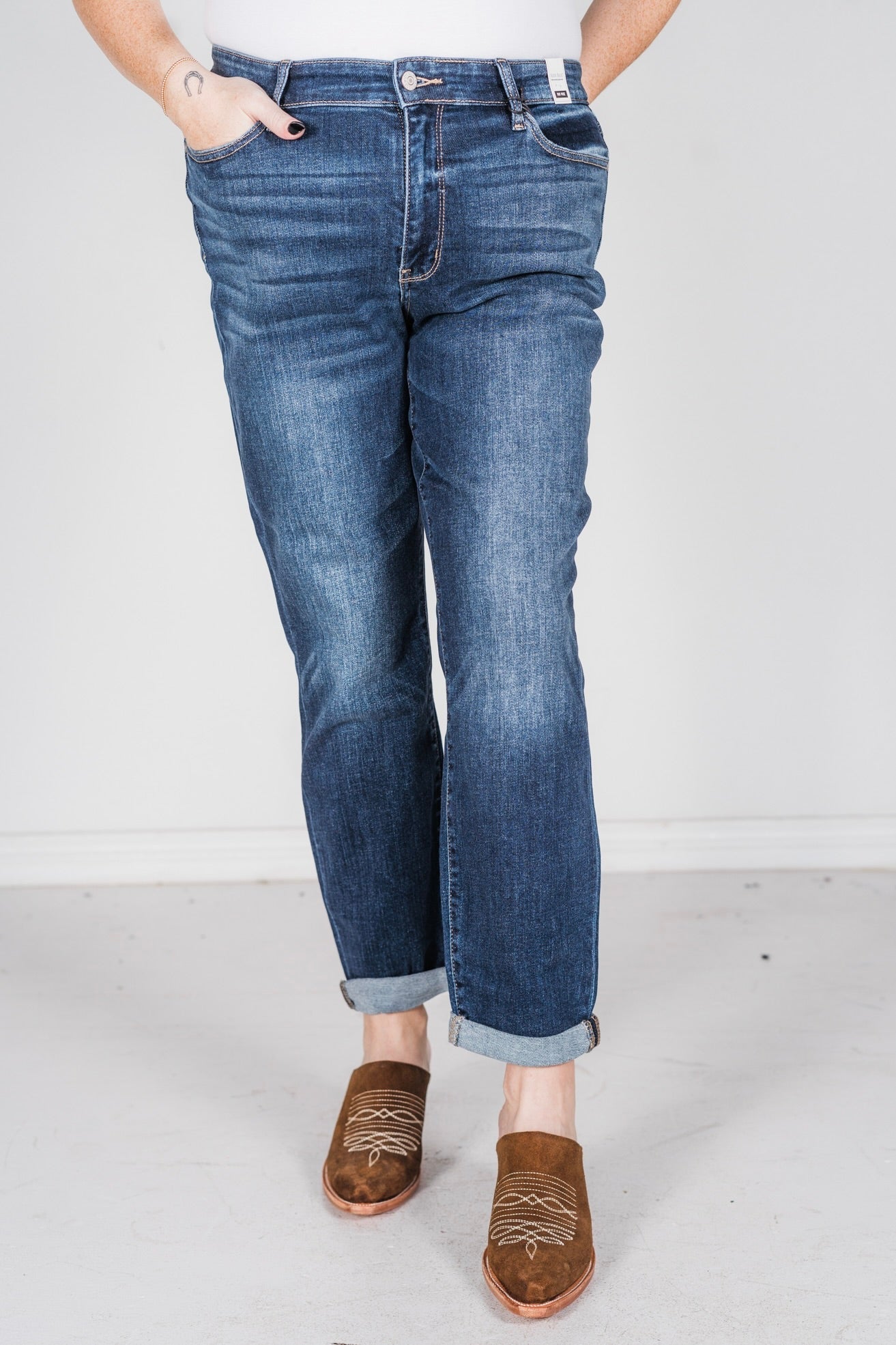 Judy Blue Core Mid - Rise Cuffed Boyfriend Jeans - Whiskey Skies - JUDY BLUE