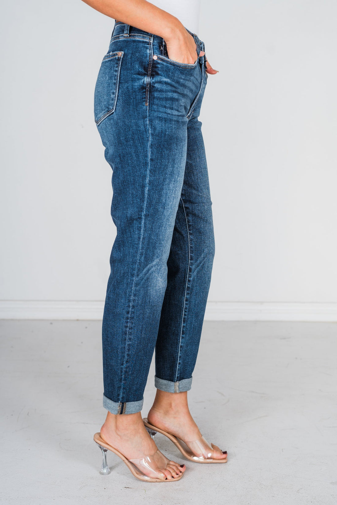 Judy Blue Core Mid - Rise Cuffed Boyfriend Jeans - Whiskey Skies - JUDY BLUE