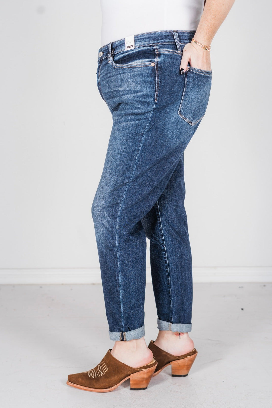 Judy Blue Core Mid - Rise Cuffed Boyfriend Jeans - Whiskey Skies - JUDY BLUE