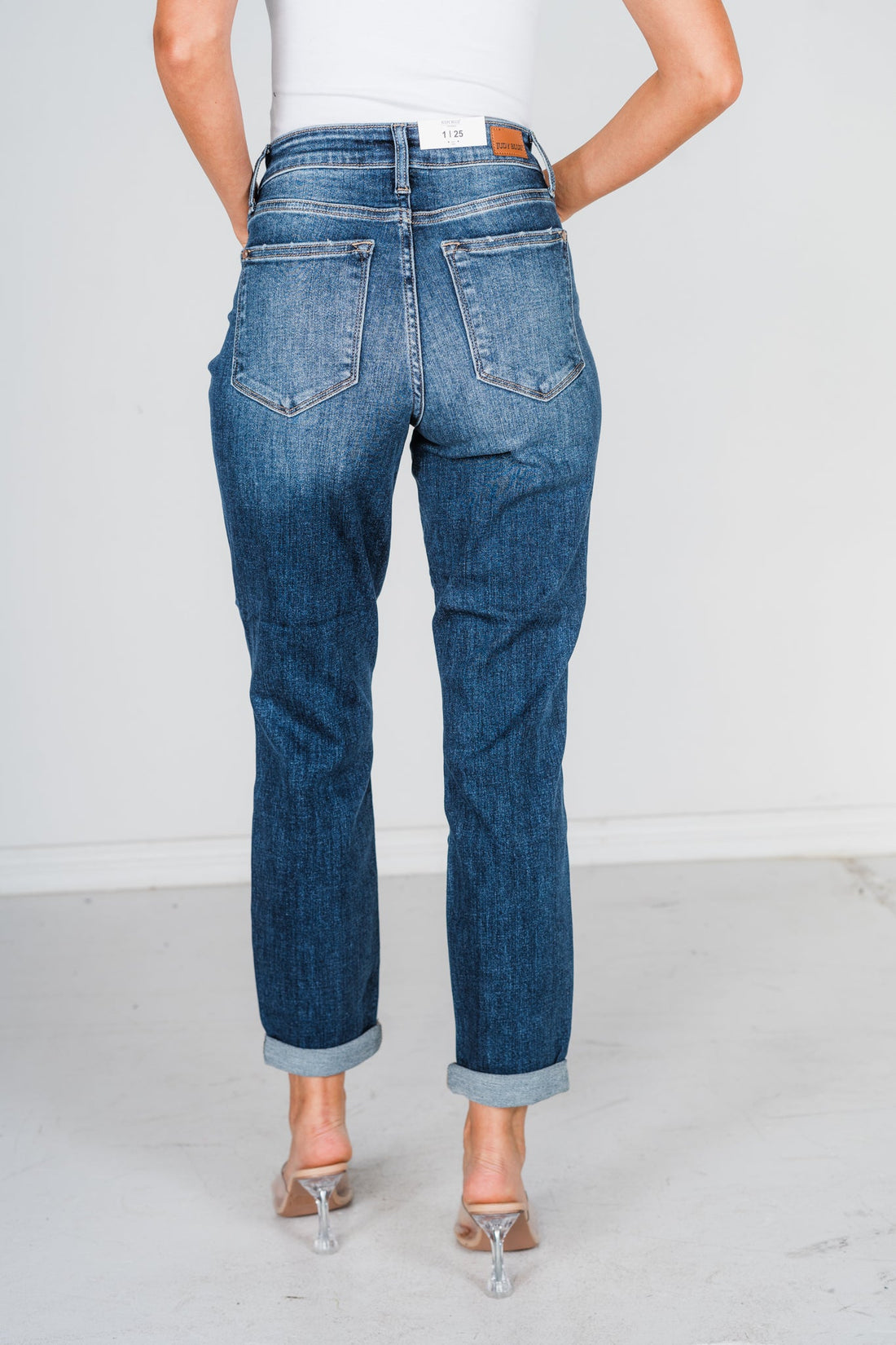 Judy Blue Core Mid - Rise Cuffed Boyfriend Jeans - Whiskey Skies - JUDY BLUE