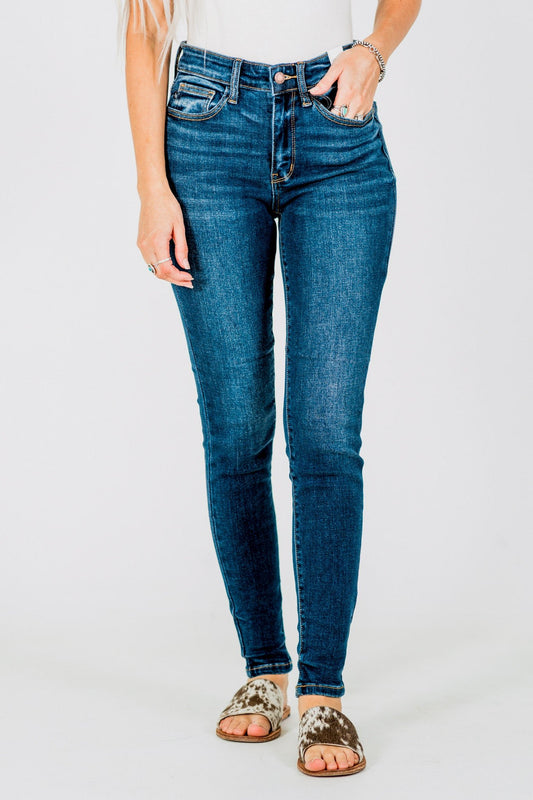 Judy Blue Core Mid - Rise Skinny Jeans With Hand - Sanding - Whiskey Skies - JUDY BLUE