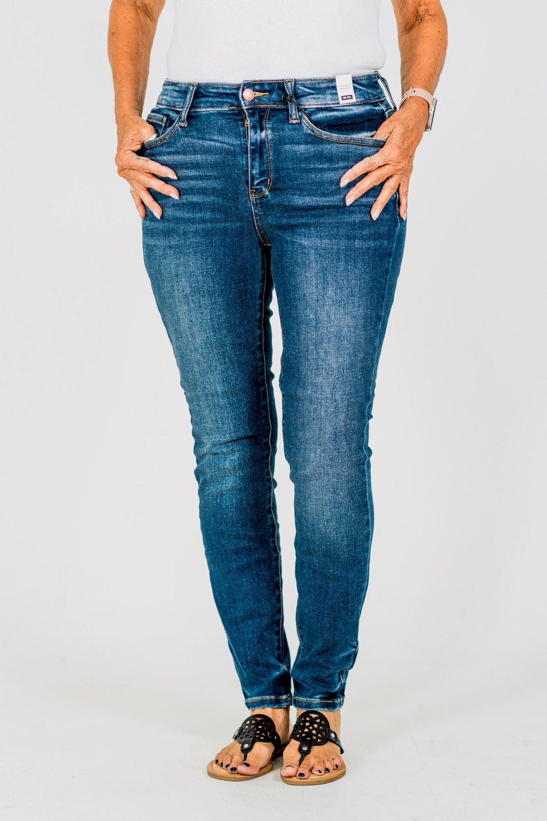 Judy Blue Core Mid - Rise Skinny Jeans With Hand - Sanding - Whiskey Skies - JUDY BLUE