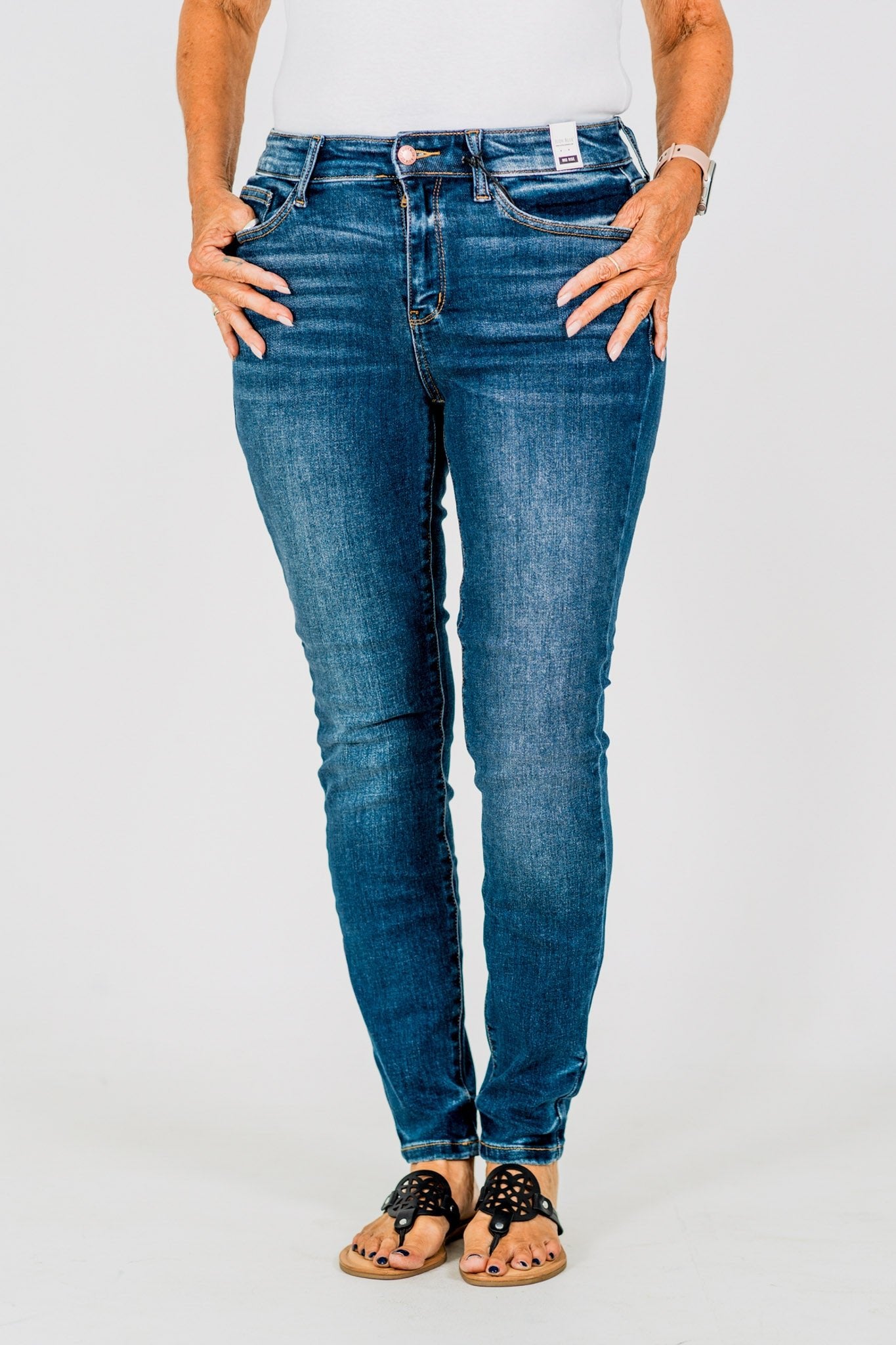 Judy Blue Core Mid - Rise Skinny Jeans With Hand - Sanding - Whiskey Skies - JUDY BLUE
