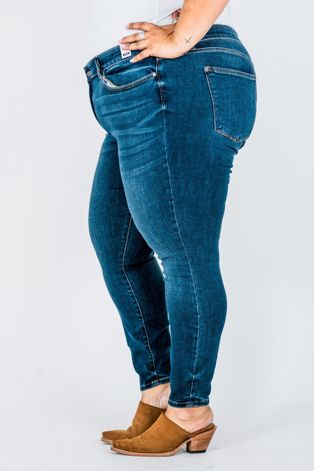 Judy Blue Core Mid - Rise Skinny Jeans With Hand - Sanding - Whiskey Skies - JUDY BLUE