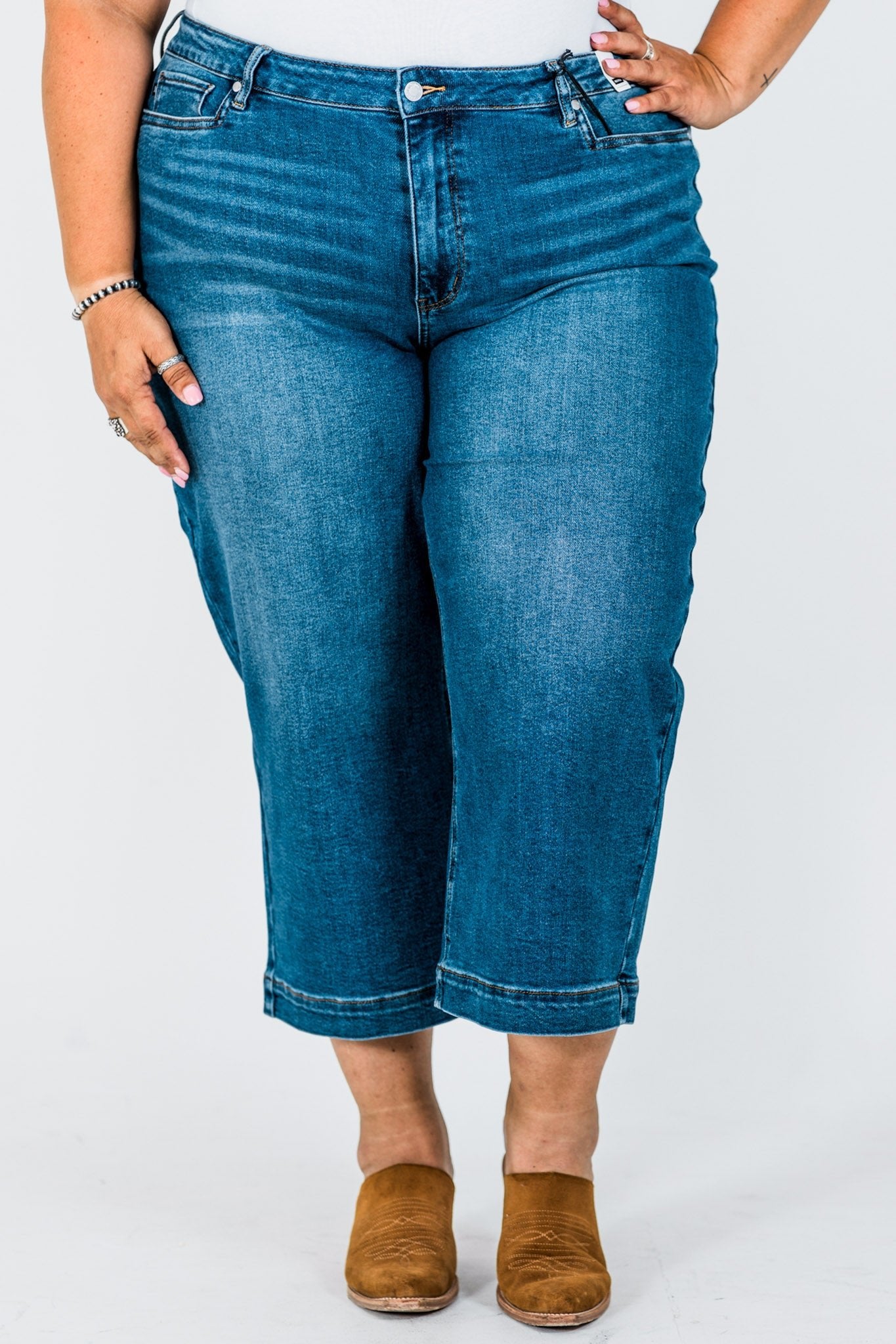 Judy Blue Cropped Wide Leg Mid - Rise Jeans With Wide Hems - Whiskey Skies - JUDY BLUE