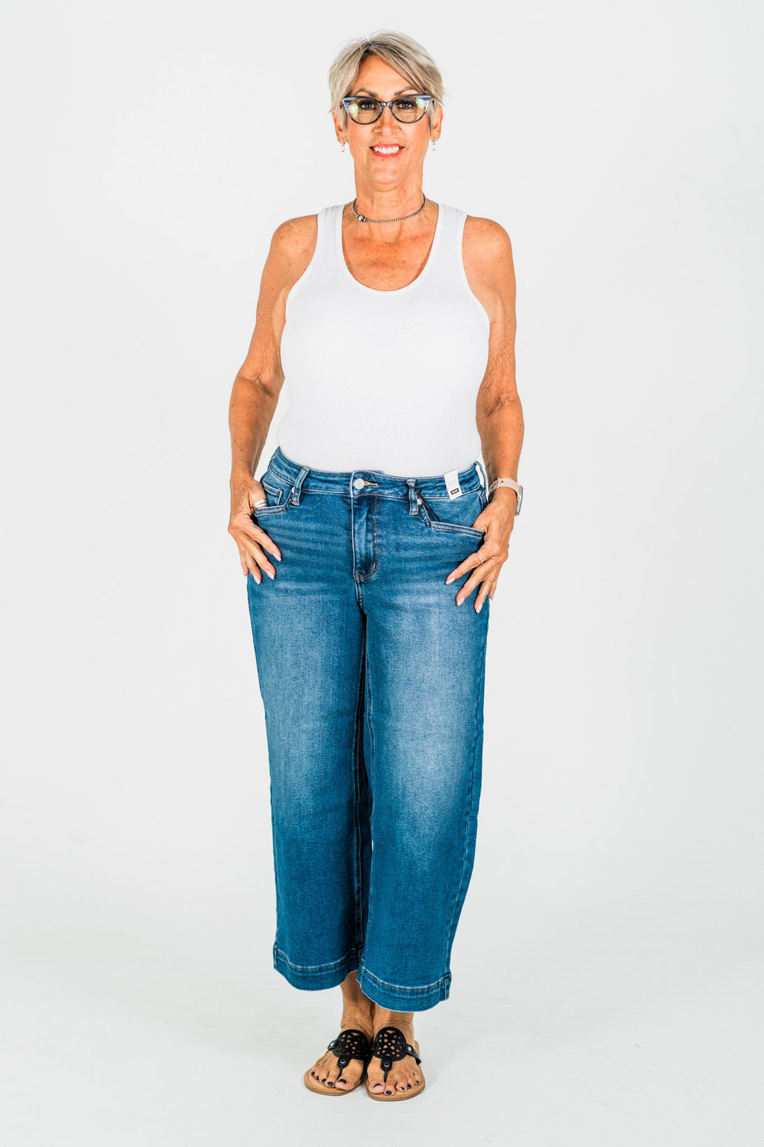 Judy Blue Cropped Wide Leg Mid - Rise Jeans With Wide Hems - Whiskey Skies - JUDY BLUE